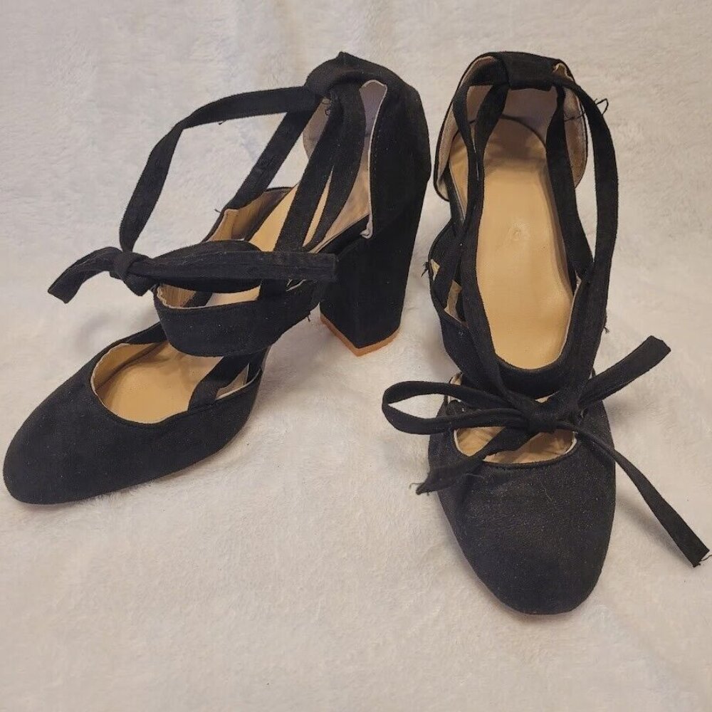 Black Suede Lace Up Block Heel Dress Shoes Sz 8.5 EU 39 Women’s Round Toe Pumps - Picture 2 of 9